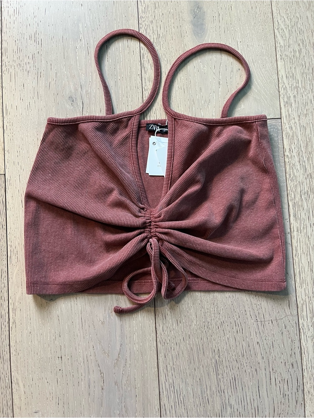 Zara Dusty Rose Ribbed Drawstring Crop Top